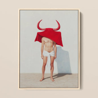 Joysticks - Surreal Gay Matador Framed Canvas, 12x16’’ / 31x41cm / Natural Floating Frame, Oil Painting Shirtless Person Red Bull-horned