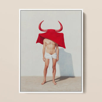 Joysticks - Surreal Gay Matador Framed Canvas, 12x16’’ / 31x41cm / White Floating Frame, Framed Artwork Person Red Cape Bull Horns Head