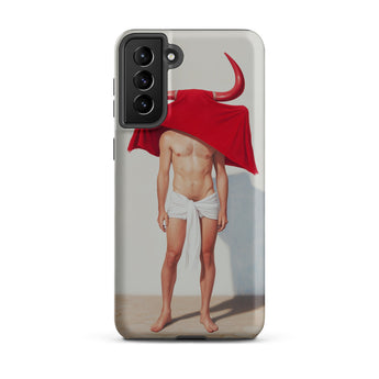 Joysticks - Surreal Gay Matador Phone Case Samsung Galaxy S21 Plus / Matte Red Bull-themed Phone Case Muscular Figure Draped White Gay