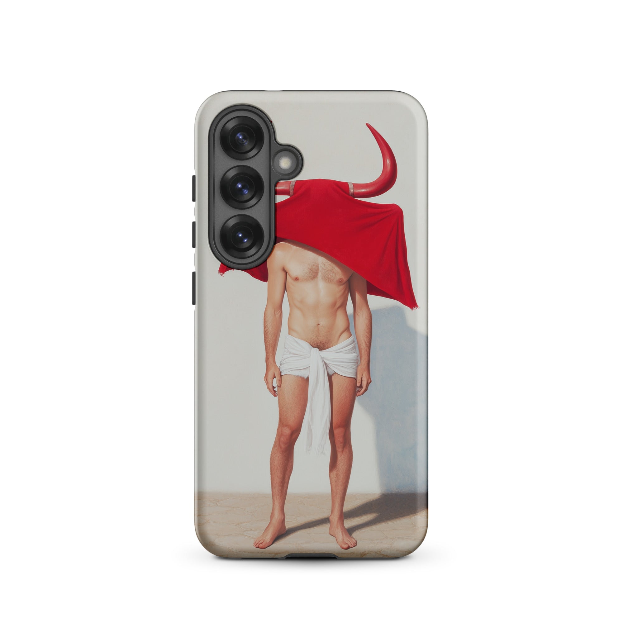 Joysticks Surreal Gay Matador Samsung Case, Galaxy S25 / Matte, White Phone Case Bull Headed Figure Red Cape
