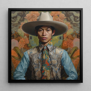 Junada - Gay Malay Cowboy Art Framed Canvas, 12x12’’ / 31x31cm / Black Floating Frame, Portrait Young Asian Man Ornate Outfit Wide-brimmed