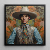 Junada - Gay Malay Cowboy Art Framed Canvas, 12x12’’ / 31x31cm / Black Floating Frame, Portrait Young Asian Man Ornate Outfit Wide-brimmed