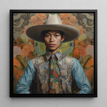 Junada - Gay Malay Cowboy Art Framed Canvas, 12x12’’ / 31x31cm / Black Floating Frame, Portrait Young Asian Man Ornate Outfit Wide-brimmed