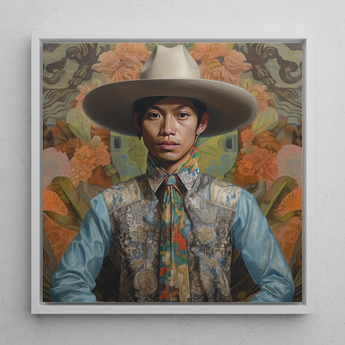 Junada - Gay Malay Cowboy Art Framed Canvas, 12x12’’ / 31x31cm / White Floating Frame, Framed Portrait Cowboy