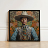 Framed Portrait Man Wide-brimmed White Hat Ornate Patterned Dandy Gay Cowboy, Elegant Malaysian Outlaw’s, Spirit’s Queer