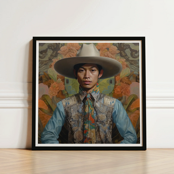 Framed Portrait Man Wide-brimmed Hat Ornate Vest Set Dandy Gay Cowboy, Elegant Malaysian Outlaw’s, Spirit’s Queer