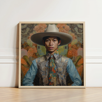 Framed Portrait Man Wide-brimmed Hat Ornate Vest Set Dandy Gay Cowboy, Elegant Malaysian Outlaw’s, Spirit’s Queer