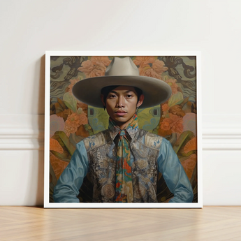 Framed Portrait Man Wide-brimmed Hat Ornate Vest Set Dandy Gay Cowboy, Elegant Malaysian Outlaw’s, Spirit’s Queer