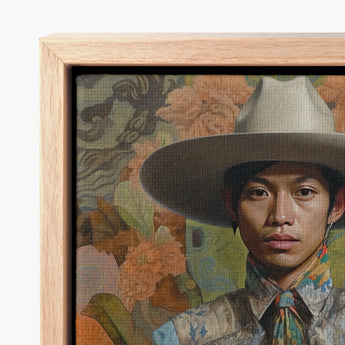 Framed Canvas Portrait Man Wide-brimmed Hat Patterned Attire Dandy Gay Cowboy, Elegant Malaysian Outlaw’s, Spirit’s Queer