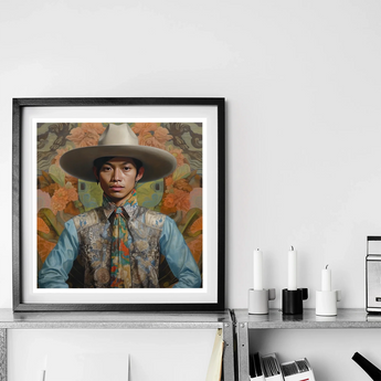 Junada - Gaysian Malay Cowboy Art Print / Canvas Framed Portrait Artwork Wide-brimmed Hat Denim Shirt Floral Dandy Gay Cowboy, Elegant