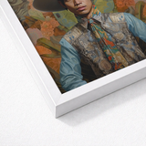 Framed Portrait Man Ornate Patterned Attire Vibrant Floral Dandy Gay Cowboy, Elegant Malaysian Outlaw’s, Spirit’s Queer