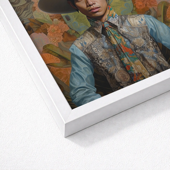 Framed Portrait Man Ornate Patterned Attire Vibrant Floral Dandy Gay Cowboy, Elegant Malaysian Outlaw’s, Spirit’s Queer