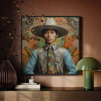 Junada - Gaysian Malay Cowboy Art Print / Canvas Framed Portrait Man Wide-brimmed White Hat Ornate Patterned Dandy Gay Cowboy, Elegant