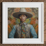 Junada - Gaysian Malay Cowboy Art Print / Canvas Cowboy Hat Wide Brim Floral Pattern Light Brown Dandy Gay Cowboy, Elegant Malaysian