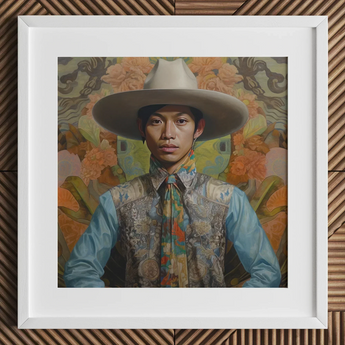 Junada - Gaysian Malay Cowboy Art Print / Canvas Cowboy Hat Wide Brim Floral Pattern Light Brown Dandy Gay Cowboy, Elegant Malaysian