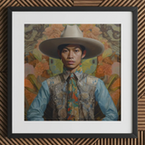 Junada - Gaysian Malay Cowboy Art Print / Canvas Cowboy Hat Wide Brim Intricate Silver Embroidery Light Dandy Gay Cowboy, Elegant Malaysian