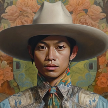 Junada - Gaysian Malay Cowboy Art Print / Canvas Cowboy Hat Wide Brim Light Gray Color Textured Dandy Gay Cowboy, Elegant Malaysian