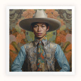 Junada - Gaysian Malay Cowboy Art Print / Canvas Man Wide-brimmed White Hat Light Blue Shirt Intricate Dandy Gay Cowboy, Elegant Malaysian