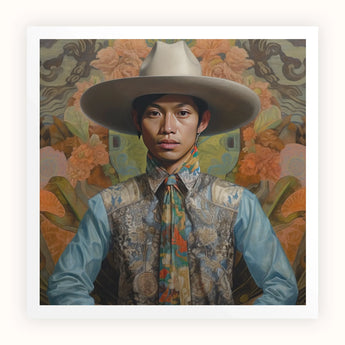 Junada - Gaysian Malay Cowboy Art Print / Canvas Man Wide-brimmed White Hat Light Blue Shirt Intricate Dandy Gay Cowboy, Elegant Malaysian