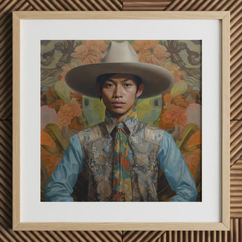 Junada - Gaysian Malay Cowboy Art Print / Canvas Wooden Frame White Mat Floral Wallpaper Background Dandy Gay Cowboy, Elegant Malaysian