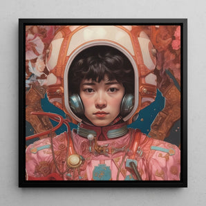 Kaito - Gay Japanese Astronaut Framed Canvas, 12x12’’ / 31x31cm / Black Floating Frame, Portrait Young Person Ornate Spacesuit Helmet