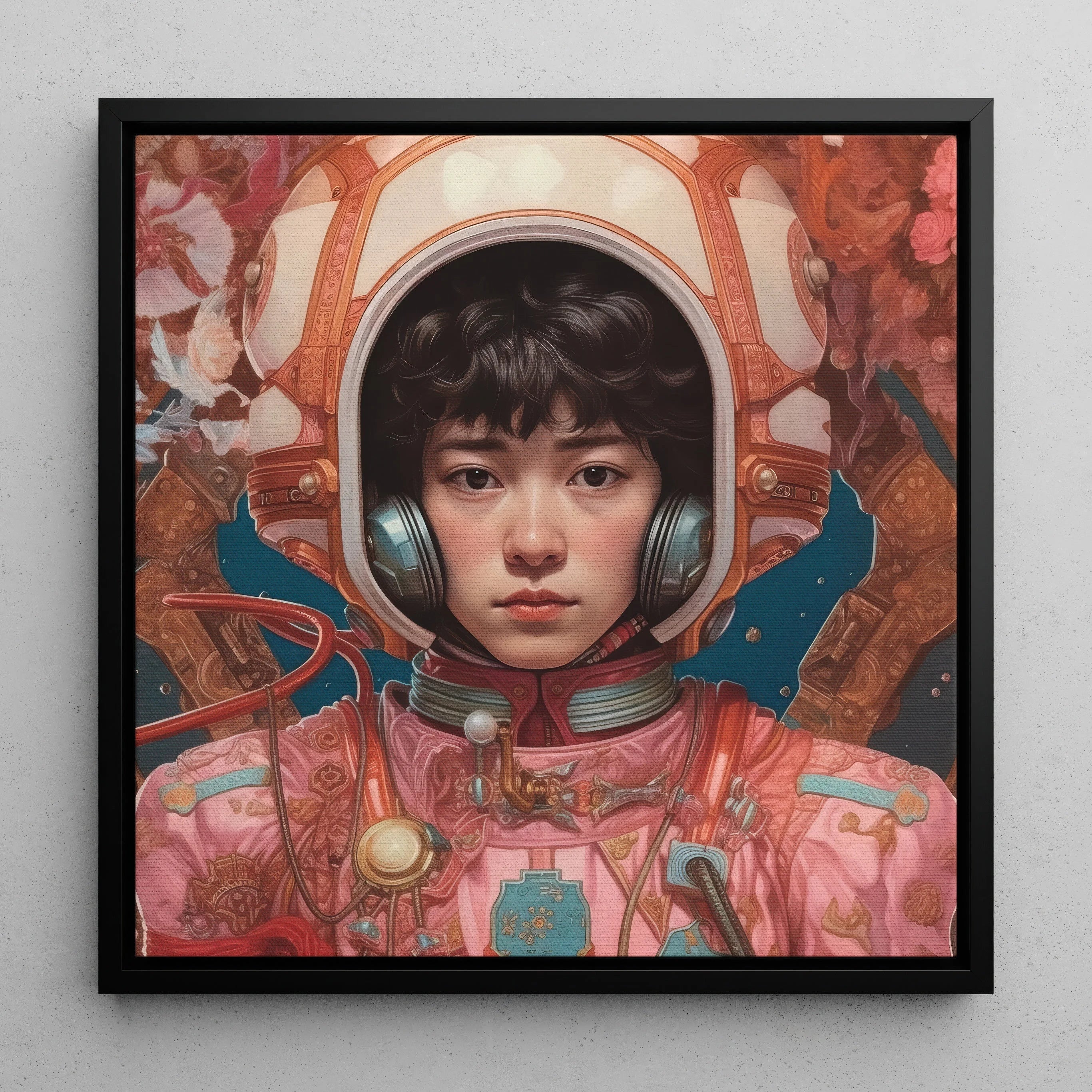 Kaito Gay Japanese Astronaut Framed Canvas, Portrait Young Person Ornate Spacesuit Helmet Headphones