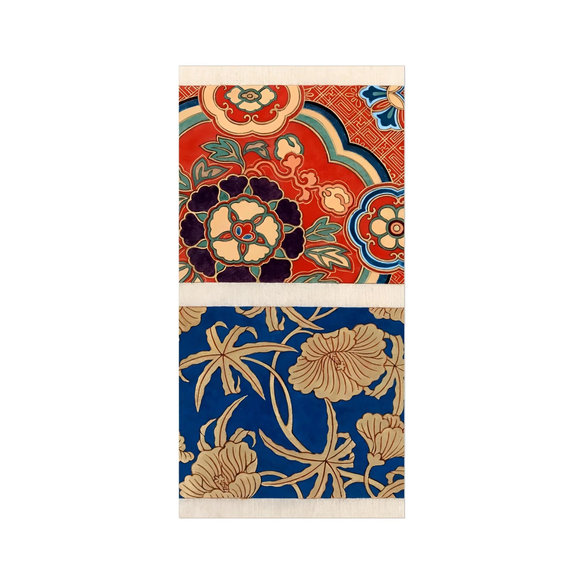 Kara Nishiki x Kinran Brocade Kimono Art Print, 20x40’’ / 51x101cm / Unframed, Two Fabric Patterns Colorful Floral Motifs Golden Flowers