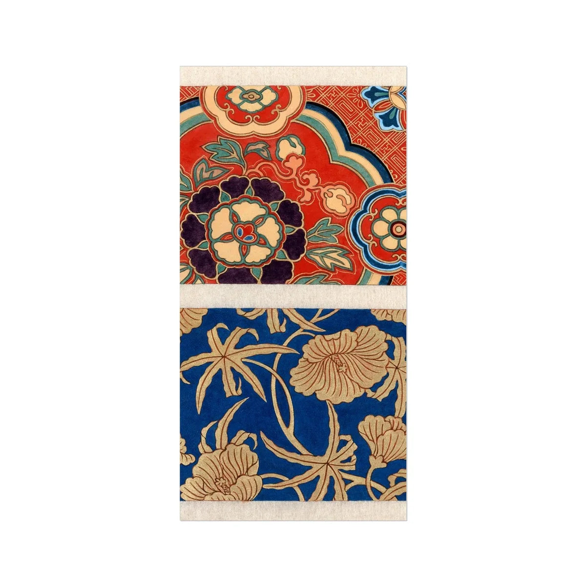 Kara Nishiki x Kinran Brocade Kimono Art Print, 20’’x40’’ / Unframed, Two Fabric Patterns Colorful Floral Motifs Golden Flowers