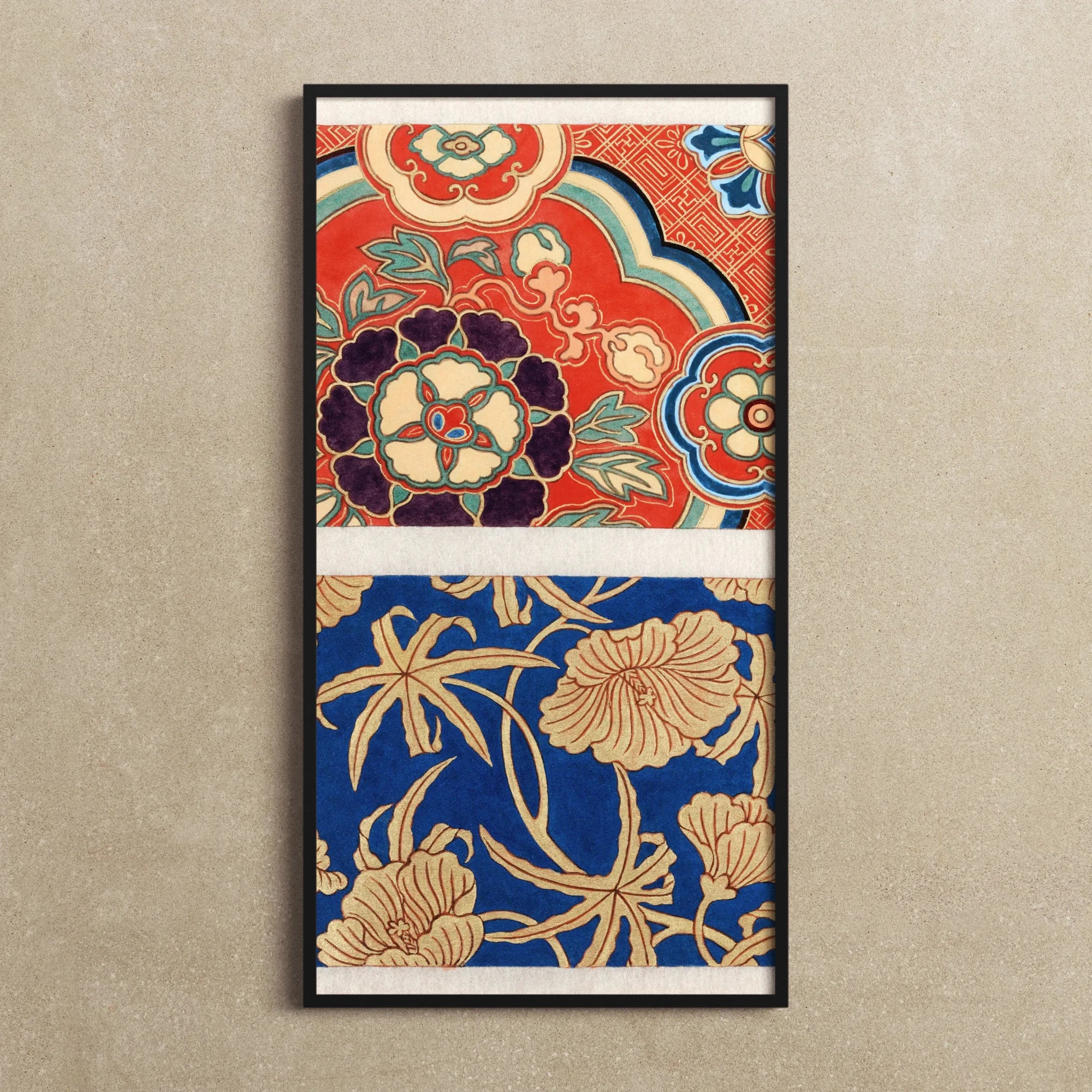 Kara Nishiki x Kinran Brocade Kimono Art Print, Framed Artwork Two Floral Patterns Vibrant Ornate Red