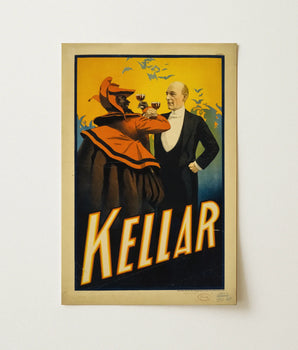 Vintage Kellar Theater Poster Man Black Tuxedo Woman Art Print, Strobridge Lithographing Company, Toasting, Two Glasses Meet, Persimmon