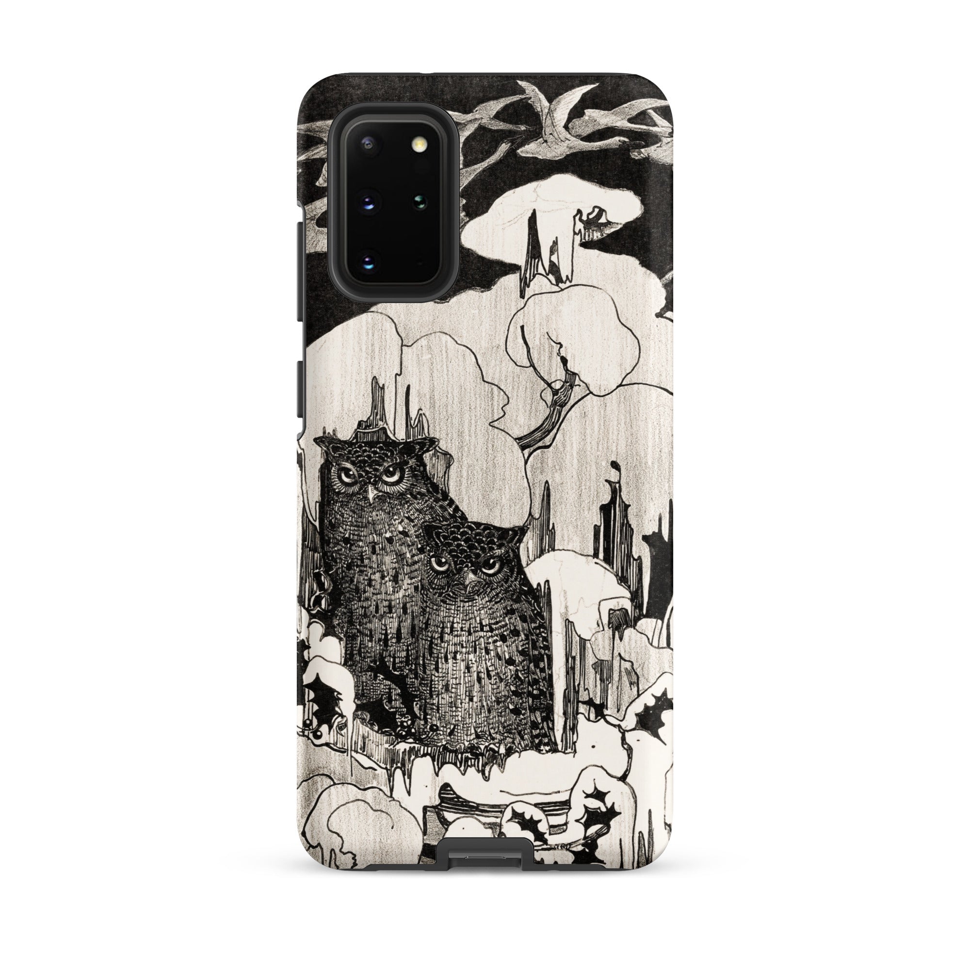 Kerstnacht Theo Van Hoytema Samsung Case, Galaxy S20 Plus / Matte, Smartphone Case Black White Illustration Two Owls Wintry