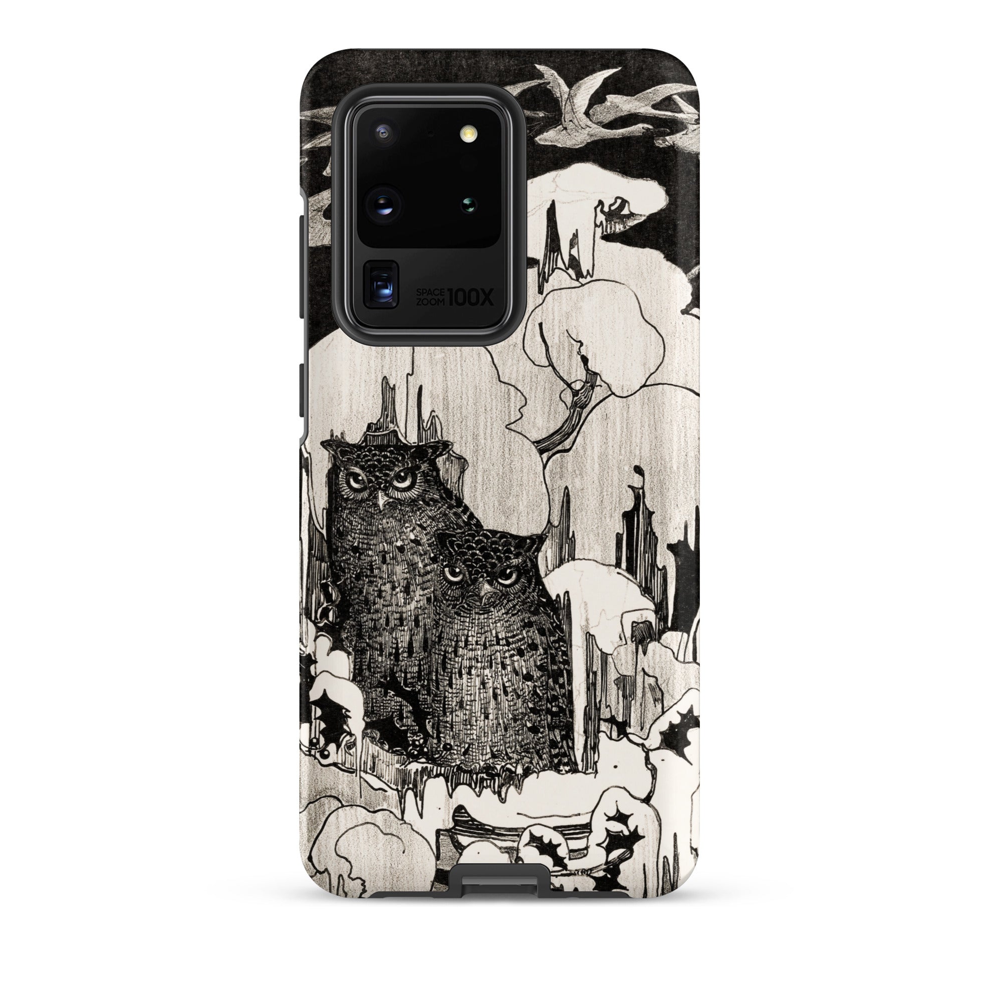 Kerstnacht Theo Van Hoytema Samsung Case, Galaxy S20 Ultra / Matte, Smartphone Case Black White Illustration Two Owls Among