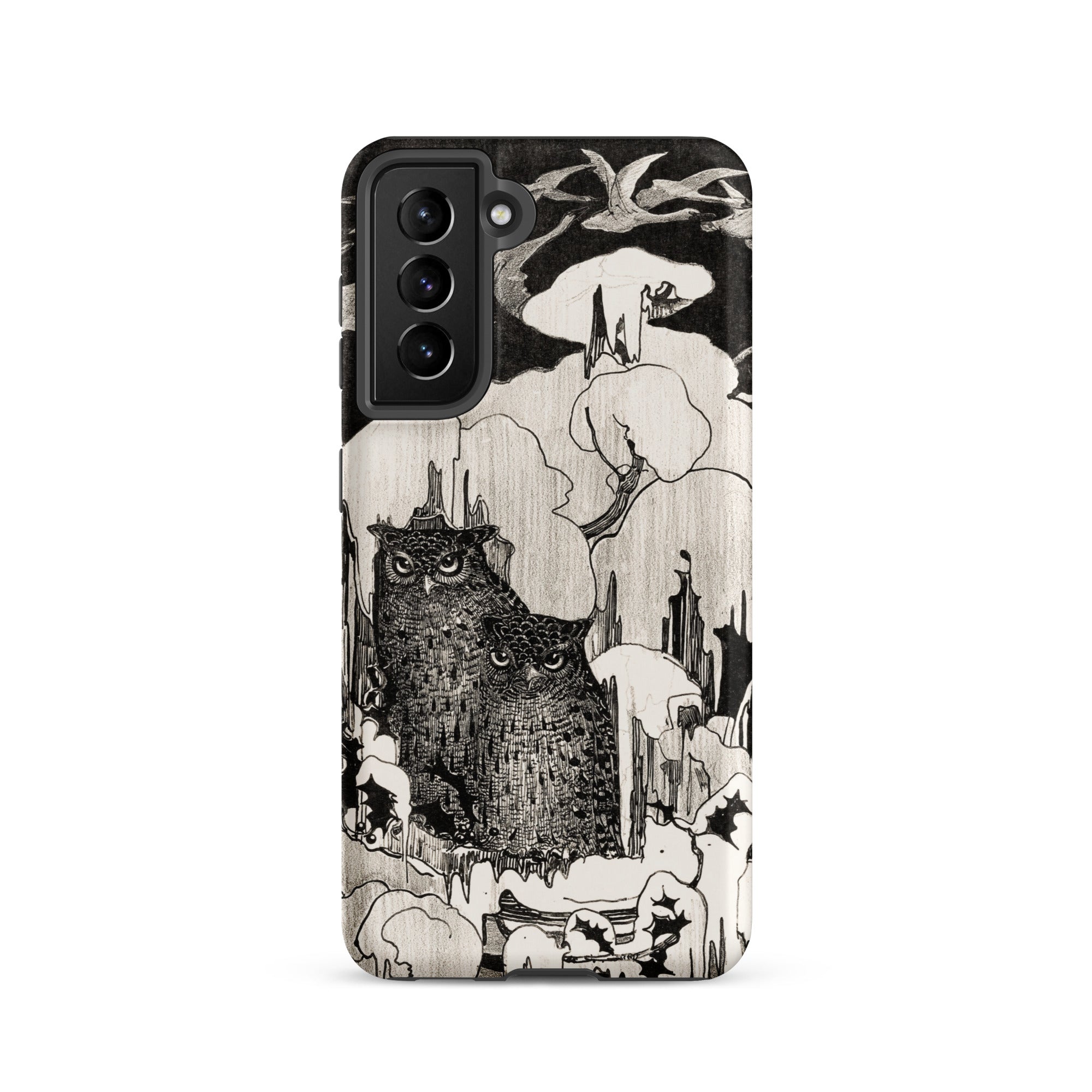 Kerstnacht Theo Van Hoytema Samsung Case, Galaxy S21 / Matte, Black White Illustrated Phone Case Two Owls Surrounded