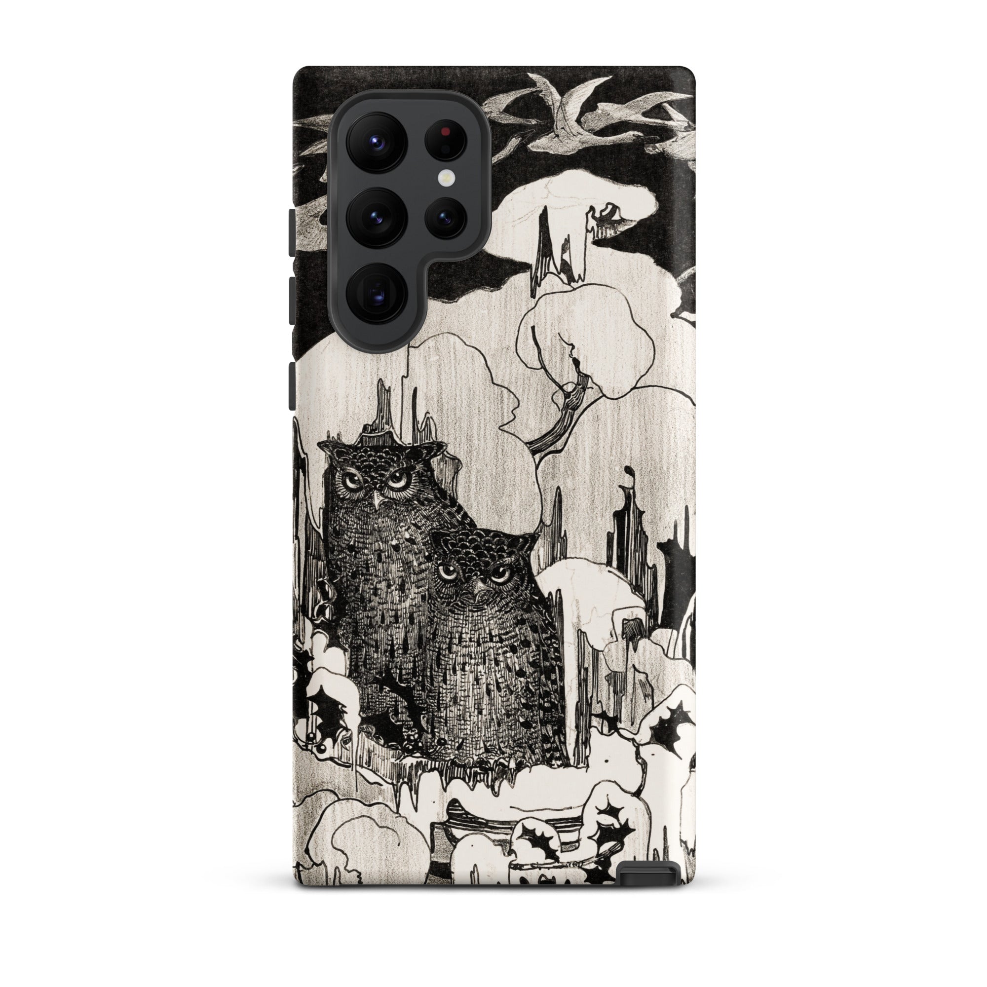 Kerstnacht Theo Van Hoytema Samsung Case, Galaxy S22 Ultra / Matte, Smartphone Case Black White Illustration Two Owls Landscape