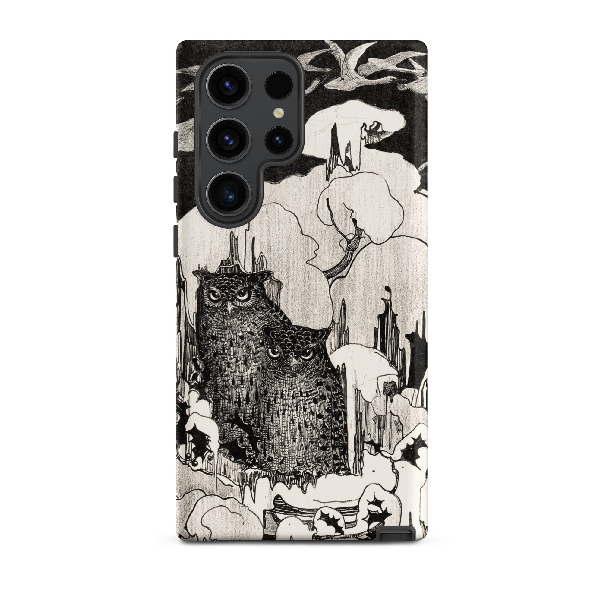 Kerstnacht Theo Van Hoytema Samsung Case, Galaxy S23 Ultra / Matte, Smartphone Case Black White Owl Forest Illustration