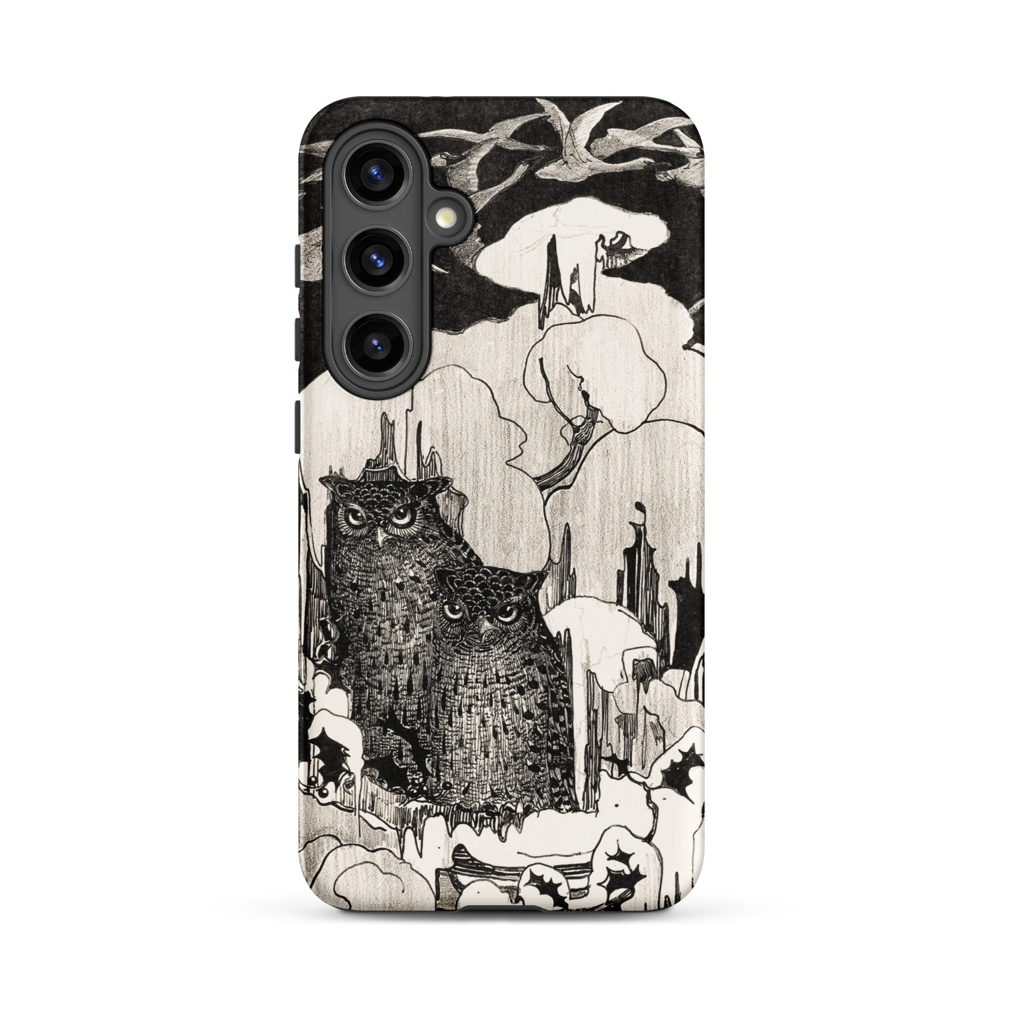 Kerstnacht Theo Van Hoytema Samsung Case, Galaxy S24 Plus / Matte, Smartphone Case Black White Illustration Two Owls Whimsical