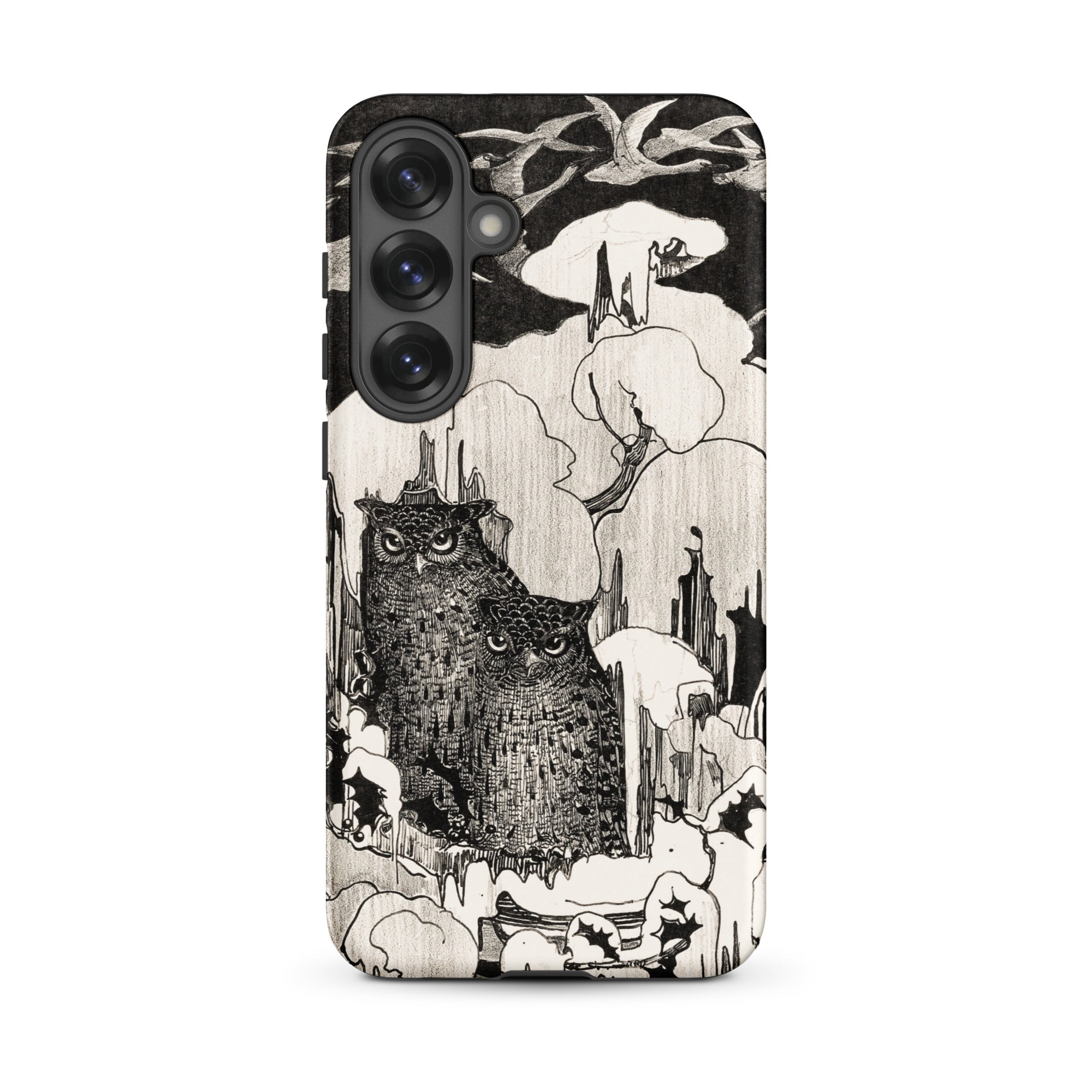 Kerstnacht Theo Van Hoytema Samsung Case, Galaxy S25 Plus / Matte, Smartphone Case Black White Illustration Two Owls Among