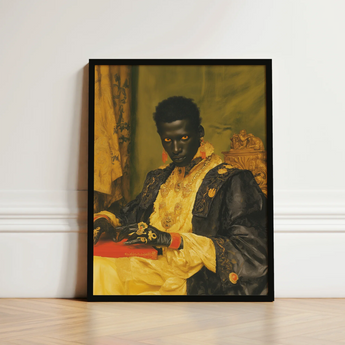 Framed Portrait Man Ornate Black Gold Attire Seated Gay African Vampire, Art, Forgotten Lore Flood