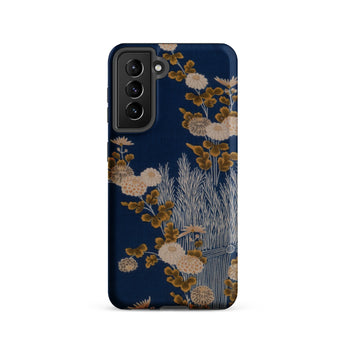 Kimono Fragment with Brushwood Fence and Chrysanthemums Phone Case Samsung Galaxy S21 / Matte Navy Blue Phone Case Adorned Elegant Floral