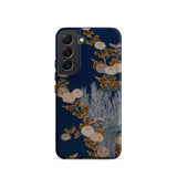 Kimono Fragment with Brushwood Fence and Chrysanthemums Phone Case Samsung Galaxy S22 / Matte Navy Blue Phone Case Adorned Elegant Floral