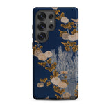 Kimono Fragment with Brushwood Fence and Chrysanthemums Phone Case Samsung Galaxy S25 Ultra / Matte Navy Blue Phone Case Adorned Intricate