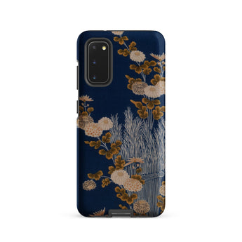 Kimono Fragment with Brushwood Fence and Chrysanthemums Samsung Case, Galaxy S20 / Matte, Dark Blue Smartphone Case Ornate Floral Botanical
