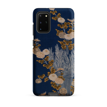 Kimono Fragment with Brushwood Fence and Chrysanthemums Samsung Case, Galaxy S20 Plus / Matte, Dark Blue Smartphone Case Beige Brown Floral