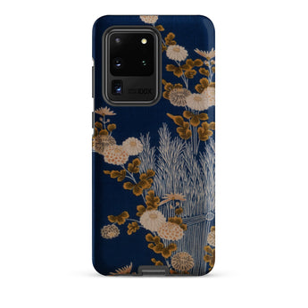 Kimono Fragment with Brushwood Fence and Chrysanthemums Samsung Case, Galaxy S20 Ultra / Matte, Dark Blue Smartphone Case Floral Pattern