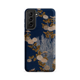 Kimono Fragment with Brushwood Fence and Chrysanthemums Samsung Case, Galaxy S21 Fe / Matte, Dark Blue Smartphone Case Design Gold White
