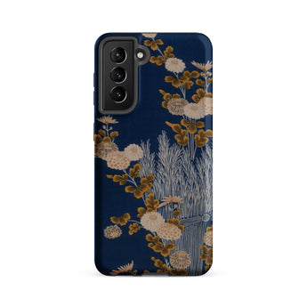 Kimono Fragment with Brushwood Fence and Chrysanthemums Samsung Case, Galaxy S21 Fe / Matte, Dark Blue Smartphone Case Design Gold White