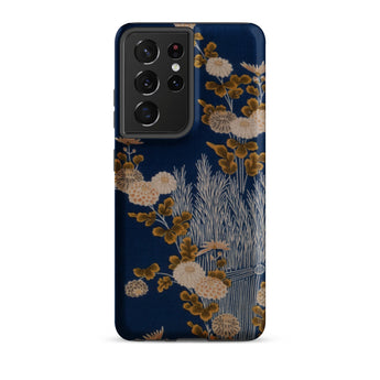 Kimono Fragment with Brushwood Fence and Chrysanthemums Samsung Case, Galaxy S21 Ultra / Matte, Dark Blue Phone Case Intricate Pattern