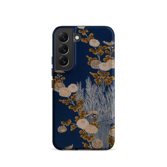 Kimono Fragment with Brushwood Fence and Chrysanthemums Samsung Case, Galaxy S22 / Matte, Dark Blue Phone Case Floral Botanical Pattern