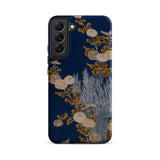 Kimono Fragment with Brushwood Fence and Chrysanthemums Samsung Case, Galaxy S22 Plus / Matte, Dark Blue Phone Case Floral Botanical