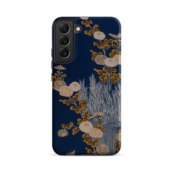 Kimono Fragment with Brushwood Fence and Chrysanthemums Samsung Case, Galaxy S22 Plus / Matte, Dark Blue Phone Case Floral Botanical